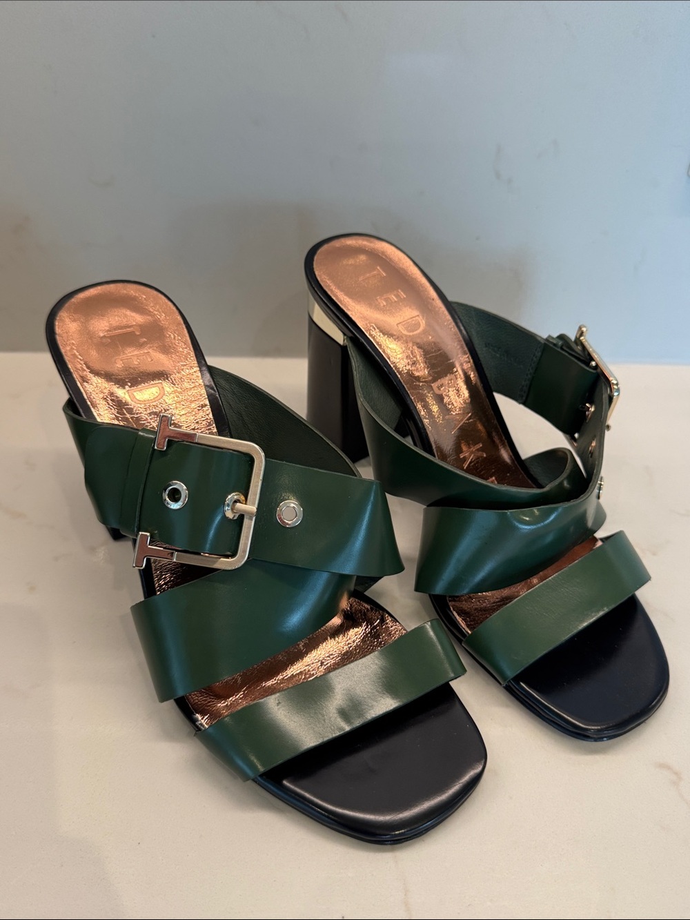 Women's Green Ted Baker Strappy Buckle Block Heel Sandals